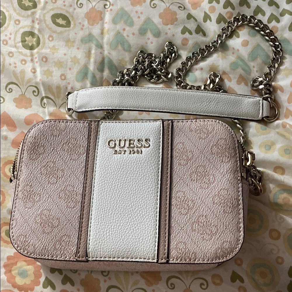 Guess Pink and White Logo Crossbody Bag